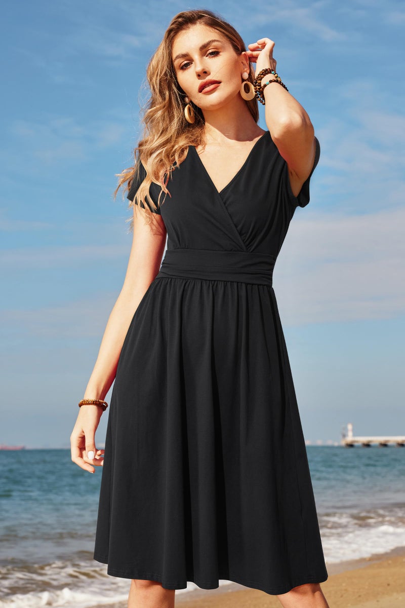 OUGES Women's Summer Wedding Guest Dress for Women 2025 Spring Short Sleeve V-Neck Wrap Casual Party Dress with Pockets(Black,M) - Image 3