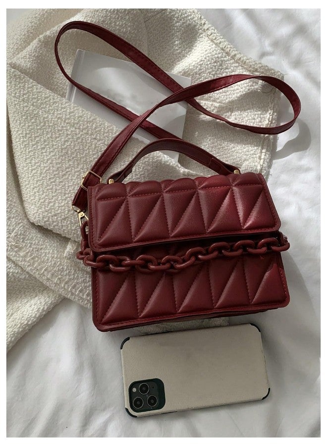 OYOANGLE Women's Quilted PU Leather Square Crossbody Bag Mini Satchel Handbags Fashion Purse Burgundy One Size - Image 3