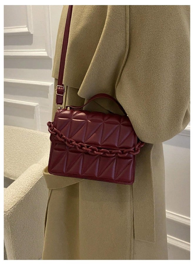 OYOANGLE Women's Quilted PU Leather Square Crossbody Bag Mini Satchel Handbags Fashion Purse Burgundy One Size - Image 4