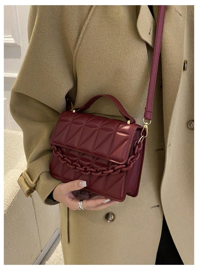 OYOANGLE Women's Quilted PU Leather Square Crossbody Bag Mini Satchel Handbags Fashion Purse Burgundy One Size - Image 5