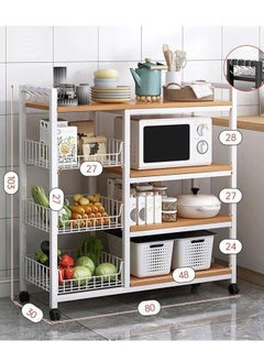 AGD Durable Kitchen Shelf and Microwave Holder Multi-Use Kitchen Storage Rack, 4 Layers with Wire Side Baskets for Vegetables and Fruits, Hooks for Hanging Spoons and Towels, H103*W80*D30 cm  - Image 2