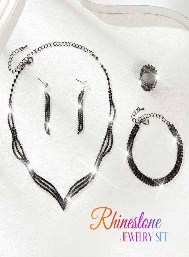 Unicra Rhinestone Bridal Wedding Jewelry Sets Black Necklace Earrings Bracelet Ring Set Prom Formal Costume Jewelry Set for Women and Brides (Black) - Image 2