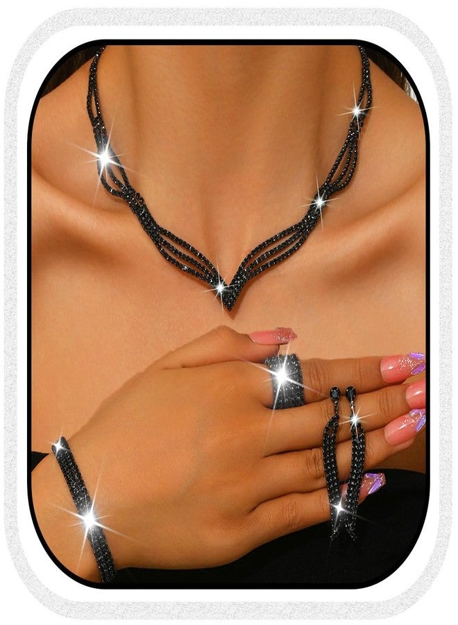 Unicra Rhinestone Bridal Wedding Jewelry Sets Black Necklace Earrings Bracelet Ring Set Prom Formal Costume Jewelry Set for Women and Brides (Black) - Image 1