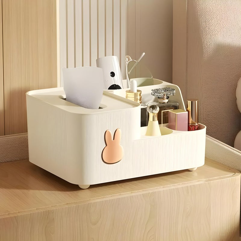 Jinila Multi-Functional Tissue Paper Storage Holder and Desk Organizer 5 Compartment Tissue, Remote, Pen & Pencil Stationery Storage Stand (Pack of 1, Cream) - Image 1