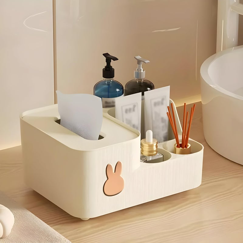 Jinila Multi-Functional Tissue Paper Storage Holder and Desk Organizer 5 Compartment Tissue, Remote, Pen & Pencil Stationery Storage Stand (Pack of 1, Cream) - Image 2