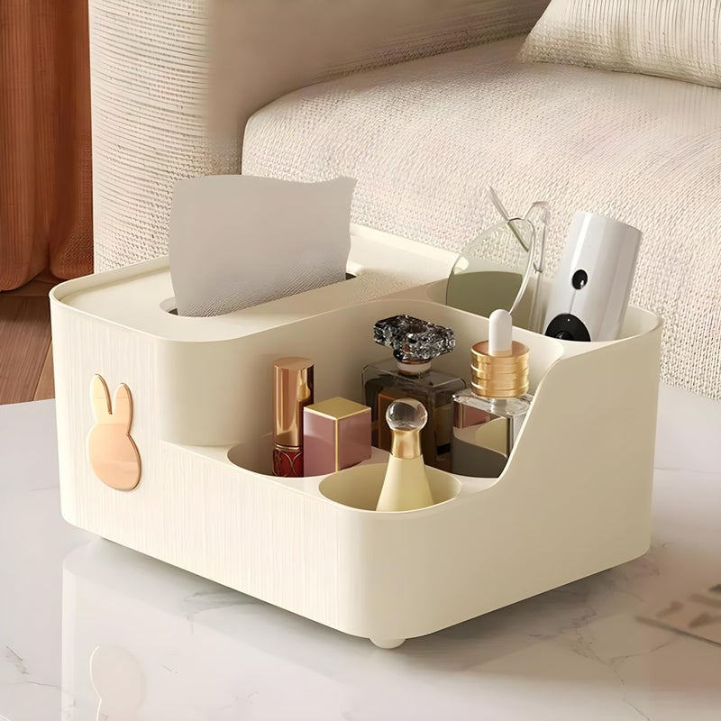 Jinila Multi-Functional Tissue Paper Storage Holder and Desk Organizer 5 Compartment Tissue, Remote, Pen & Pencil Stationery Storage Stand (Pack of 1, Cream) - Image 3
