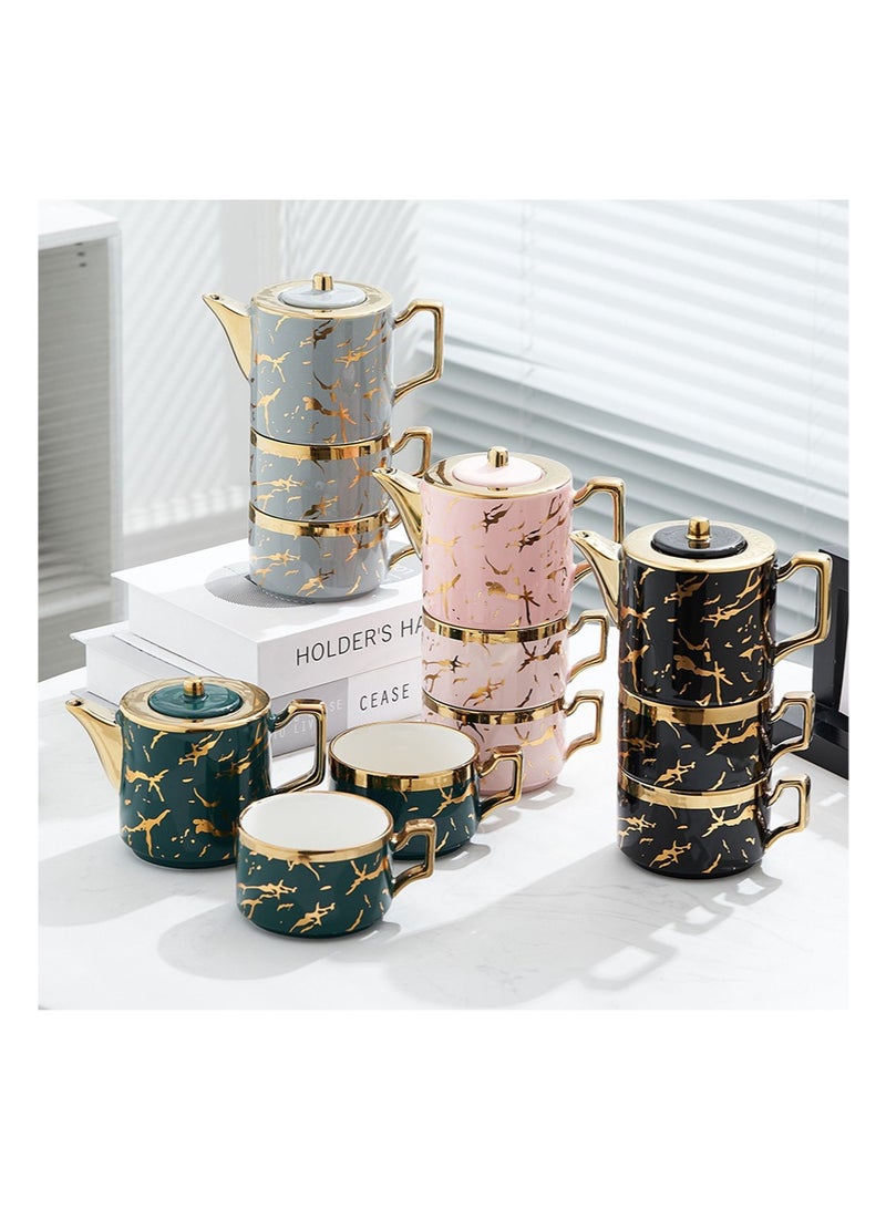 EZdenK Stackable Ceramic Teapot and Teacup 3-Piece Set, Marble Pattern, Stacked Kettle, 2 Cups and 1 Teapot, Suitable for Office Home Gifts(Black) - Image 4