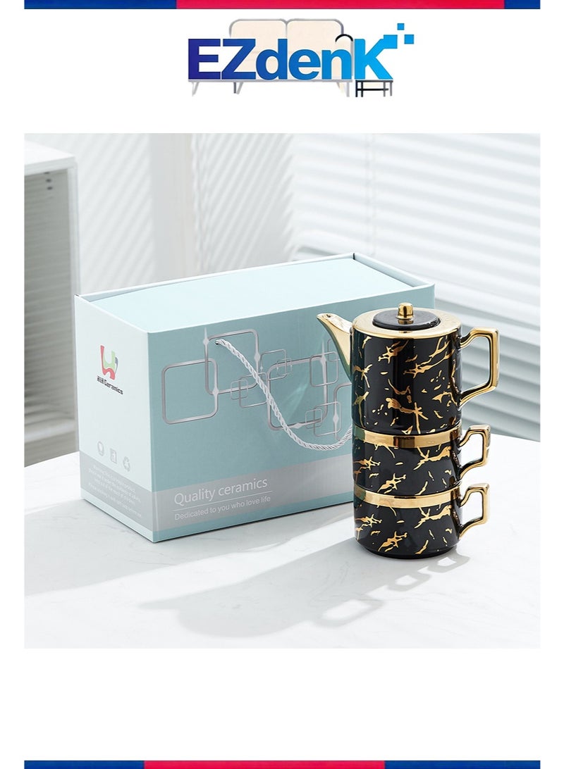 EZdenK Stackable Ceramic Teapot and Teacup 3-Piece Set, Marble Pattern, Stacked Kettle, 2 Cups and 1 Teapot, Suitable for Office Home Gifts(Black) - Image 1