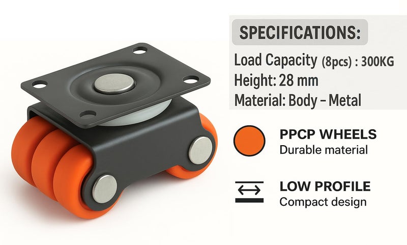 APPSTER 8pcs Revolving Six Wheel Castor Roller Baby Sixer Caster Wheels Size: 20mm | 360 Degrees Rotating Heavy Duty 300Kg Load Capacity for Trolley, Furniture, Table - Pack of 8pcs - Image 4