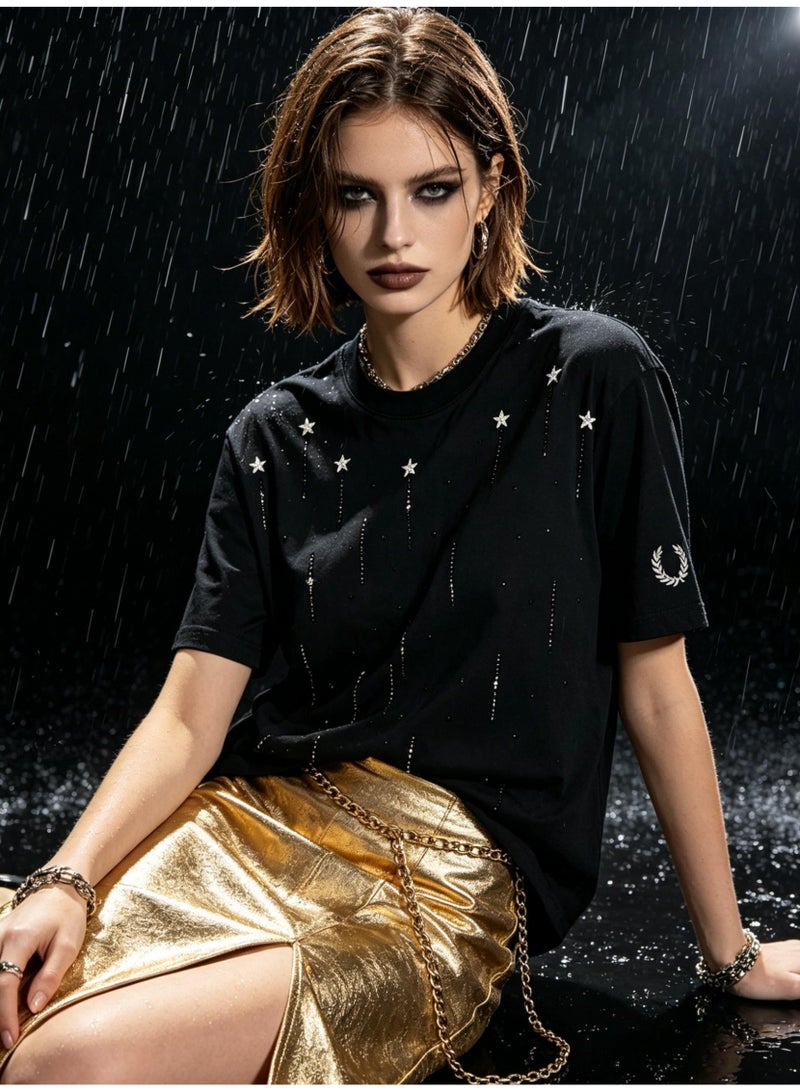 فريد بيري Unisex star rhinestones embellish short-sleeved T-shirts, laurel wreath Logo casual street T-shirts for men and women. - Image 2