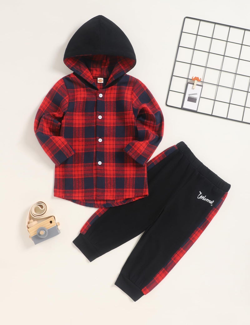 Fuermos Toddler Baby Boys Clothes Flannel Lattice Button Down Hooded Tops +Pants Boys Fall Winter Outfits(5-6T) - Image 2