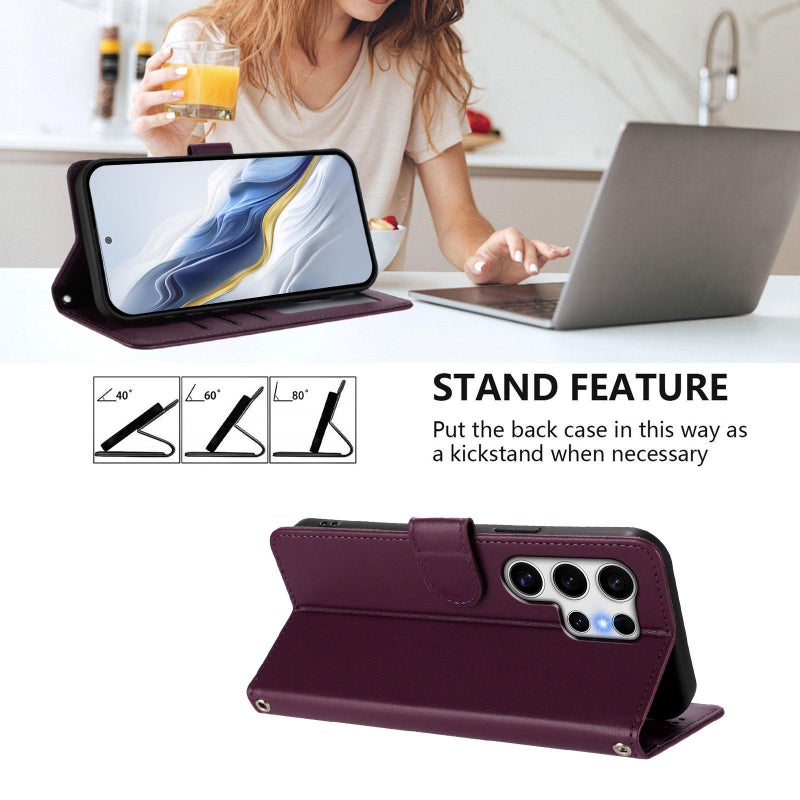 erorex For Samsung Galaxy S25 Ultra 5G Embossed  Cat Leather Phone Case with Hand Strap(Dark Purple) - Image 3