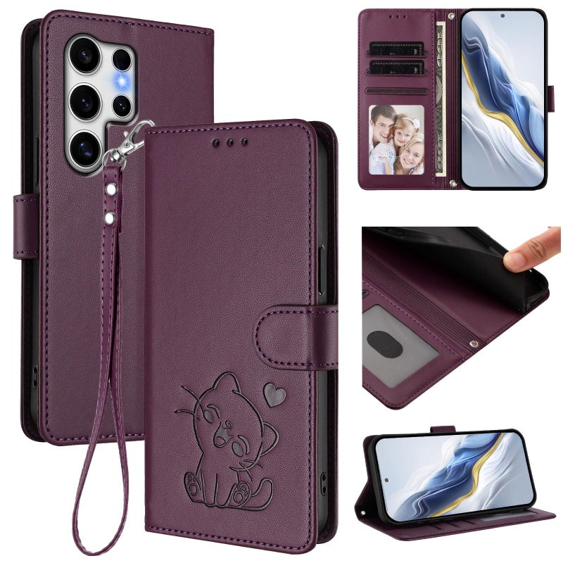 erorex For Samsung Galaxy S25 Ultra 5G Embossed  Cat Leather Phone Case with Hand Strap(Dark Purple) - Image 1