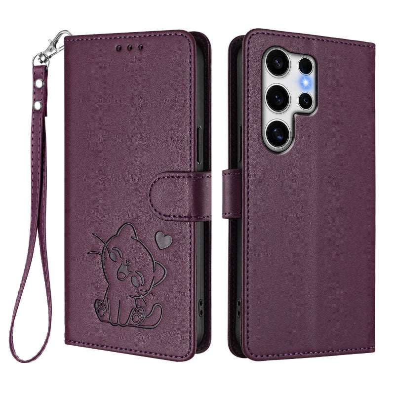 erorex For Samsung Galaxy S25 Ultra 5G Embossed  Cat Leather Phone Case with Hand Strap(Dark Purple) - Image 2