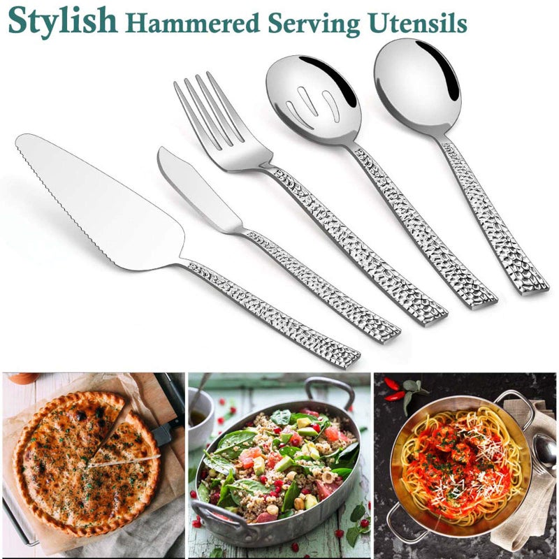 E-far Hammered Serving Utensils, 5-Piece Stainless Steel Square Hostess Serving Set for Buffet Party Kitchen Restaurant, Mirror Finished & Dishwasher Safe - Image 5