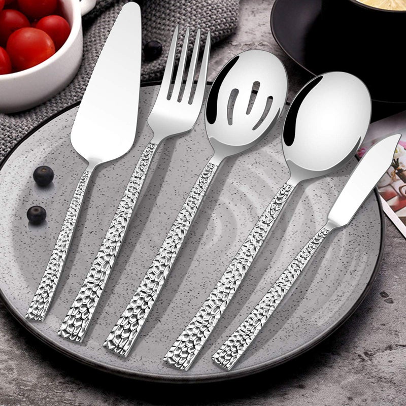 E-far Hammered Serving Utensils, 5-Piece Stainless Steel Square Hostess Serving Set for Buffet Party Kitchen Restaurant, Mirror Finished & Dishwasher Safe - Image 3