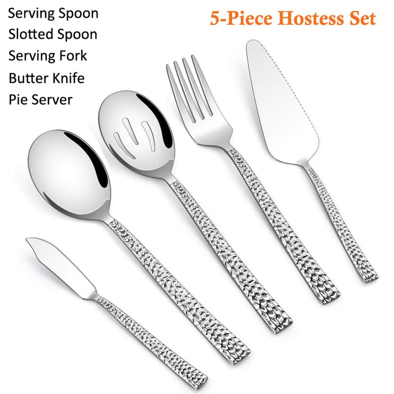 E-far Hammered Serving Utensils, 5-Piece Stainless Steel Square Hostess Serving Set for Buffet Party Kitchen Restaurant, Mirror Finished & Dishwasher Safe - Image 2
