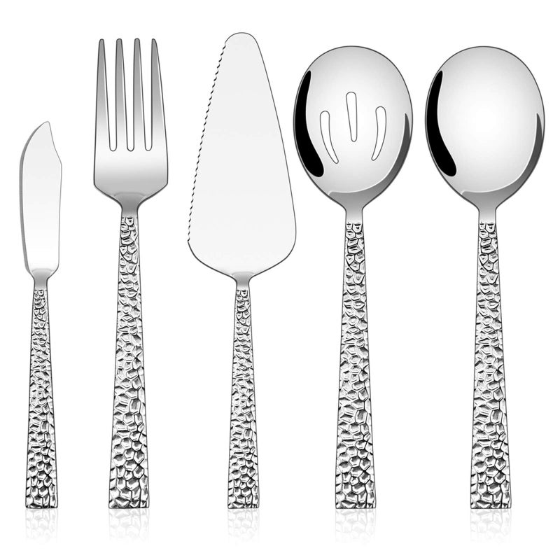 E-far Hammered Serving Utensils, 5-Piece Stainless Steel Square Hostess Serving Set for Buffet Party Kitchen Restaurant, Mirror Finished & Dishwasher Safe - Image 1