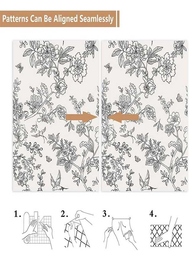 رَوَائِد ورق جدران زهري بلون أسود وكريمي، لاصق وقابل للإزالة، مقاس ‎17.3 × 196.8‎ بوصة، بتصميم زهري عتيق مع زهور وطيور، ورق تزييني لاصق ذاتيًا للحمام والخزائن - Image 4