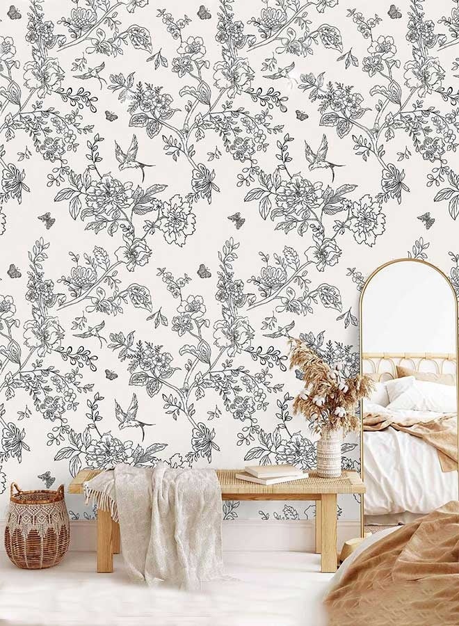 رَوَائِد ورق جدران زهري بلون أسود وكريمي، لاصق وقابل للإزالة، مقاس ‎17.3 × 196.8‎ بوصة، بتصميم زهري عتيق مع زهور وطيور، ورق تزييني لاصق ذاتيًا للحمام والخزائن - Image 1