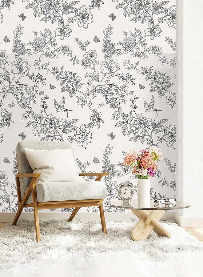 رَوَائِد ورق جدران زهري بلون أسود وكريمي، لاصق وقابل للإزالة، مقاس ‎17.3 × 196.8‎ بوصة، بتصميم زهري عتيق مع زهور وطيور، ورق تزييني لاصق ذاتيًا للحمام والخزائن - Image 3