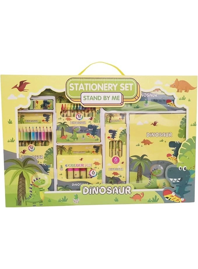 Generic Home Smart Dinosaur Stationery set 35Pcs with Notebook Pencil box Ruler Sharpener Eraser Color pencils Color pens and Crayons perfect for gift  - Image 1