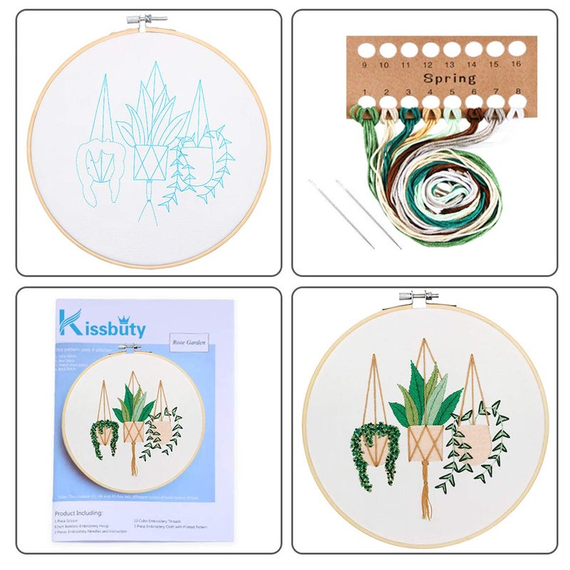 KISSBUTY Full Range of Embroidery Starter Kit with Pattern, Cross Stitch Kit Including Embroidery Fabric with Plant Pattern, Bamboo Embroidery Hoop, Color Threads and Tools Kit (Epipremnum Aureum) - Image 3