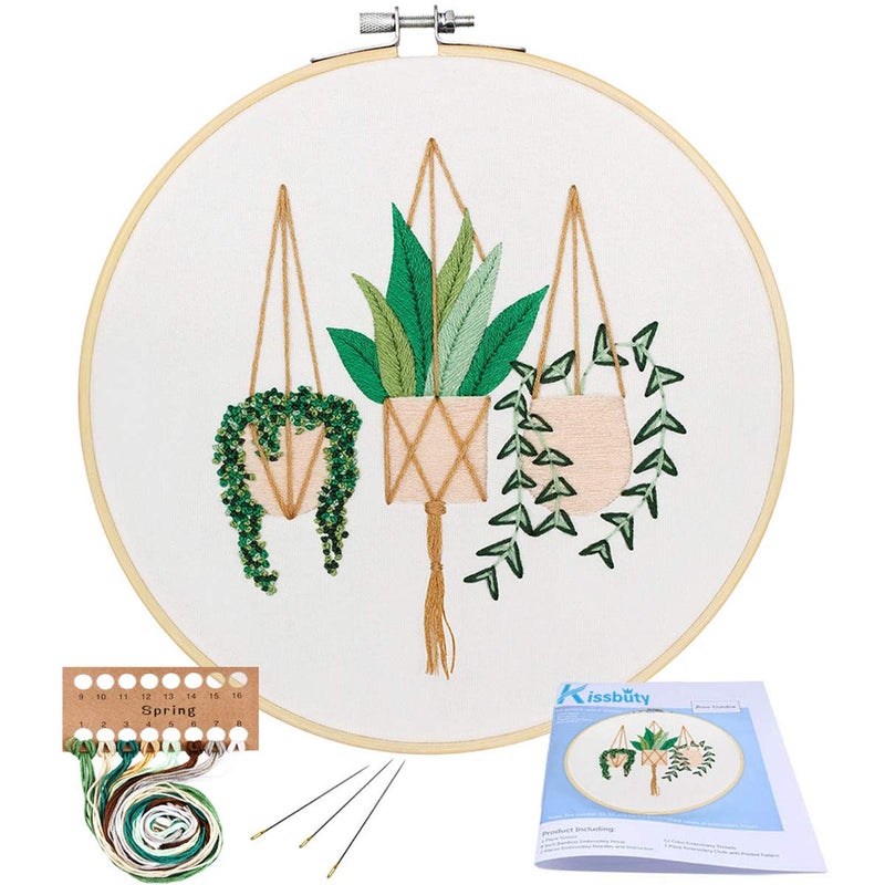KISSBUTY Full Range of Embroidery Starter Kit with Pattern, Cross Stitch Kit Including Embroidery Fabric with Plant Pattern, Bamboo Embroidery Hoop, Color Threads and Tools Kit (Epipremnum Aureum) - Image 1