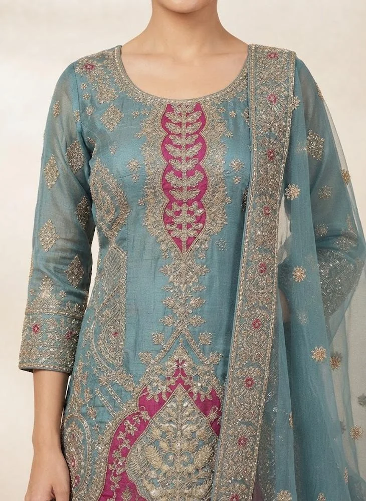 Viny VINY Teal Blue 3-Piece Colour-Block Embroidered Suit Set – Women's Indian Ethnic Wear