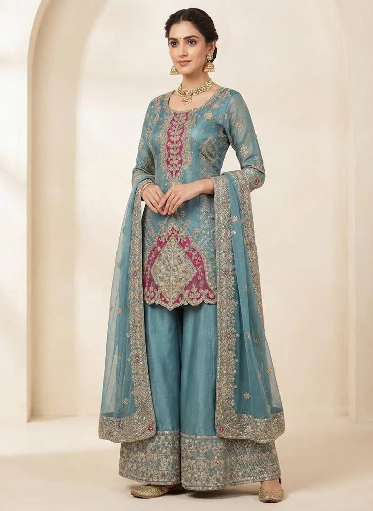 Viny VINY Teal Blue 3-Piece Colour-Block Embroidered Suit Set – Women's Indian Ethnic Wear