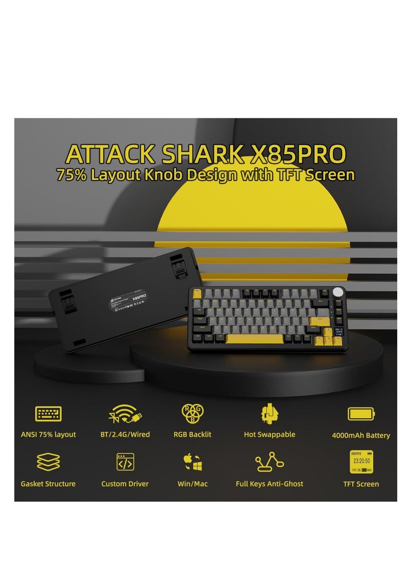 هجوم القرش - لوحة مفاتيح ميكانيكية لاسلكية ATTACK SHARK X85PRO مع شاشة TFT ومقبض، لوحة مفاتيح ألعاب QMK 75% مع حشية، سلكية 2.4G/BT/USB-C، قابلة للتبديل السريع، 4000 مللي أمبير/ساعة، NKRO، RGB، كمبيوتر شخصي/ماك - Image 1