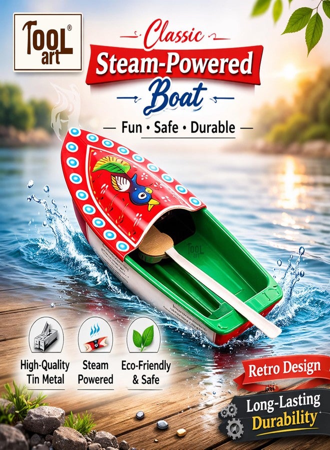 TOOLART Hand Painted Classic Steam Powered Tin Metal Pop Pop Boat, Putt Putt Water Toy, Vintage Design Mechanical Boat, Multicolor (rg_steam_Boat_RD) - Image 3