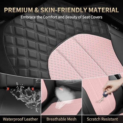 FLORICH Pink Car Seat Covers Full Set Leather Mesh Front and Rear Seat Cover Automotive Seat Cushion 5-Seat Driver Seat Covers Protector Universal Fit for Most Car SUV Sedan Truck, Black&Pink - Image 5