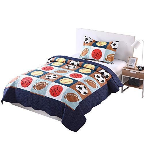 MarCielo 2 Piece Kids Bedspread Quilts Set Throw Blanket for Teens Boys Bed Printed Bedding Coverlet, Twin Size, Blue Basketball Football Sports, American Football (Twin) - Image 2