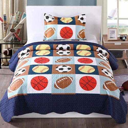 MarCielo 2 Piece Kids Bedspread Quilts Set Throw Blanket for Teens Boys Bed Printed Bedding Coverlet, Twin Size, Blue Basketball Football Sports, American Football (Twin) - Image 1
