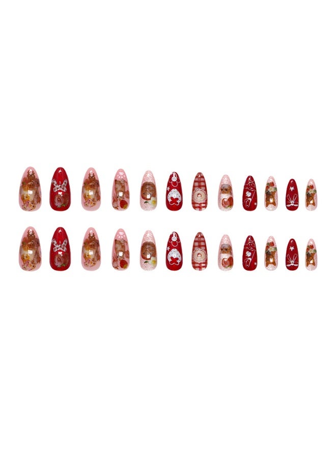 Cute Cat & Strawberry Press On Nails - 24pcs Medium Almond Red & Pink False Nails, Kawaii Cartoon Fake Nails for Women - Image 4
