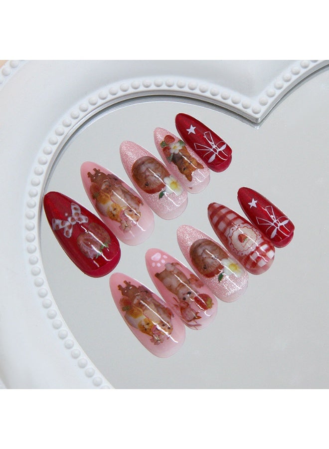 Cute Cat & Strawberry Press On Nails - 24pcs Medium Almond Red & Pink False Nails, Kawaii Cartoon Fake Nails for Women - Image 2