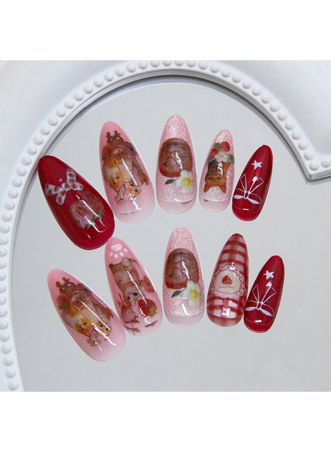 Cute Cat & Strawberry Press On Nails - 24pcs Medium Almond Red & Pink False Nails, Kawaii Cartoon Fake Nails for Women - Image 3