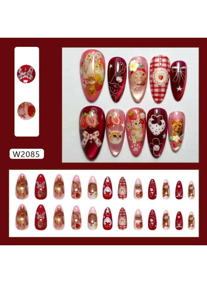 Cute Cat & Strawberry Press On Nails - 24pcs Medium Almond Red & Pink False Nails, Kawaii Cartoon Fake Nails for Women - Image 1