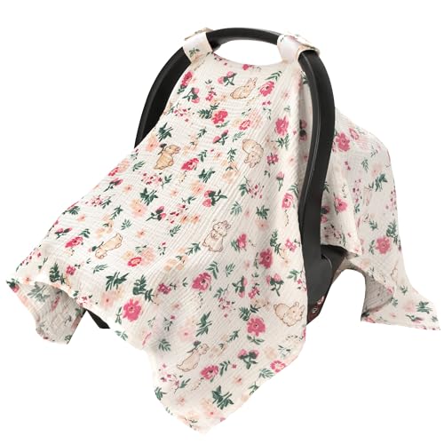 SERAPHY 100 Muslin Cotton Car Seat Covers for Babies Universal Baby Car Seat Cover Breathable Muslin Carseat Cover Canopies for Boys and Girls Soft Infant Car Seat Cover for Summer Rabbits - Image 1