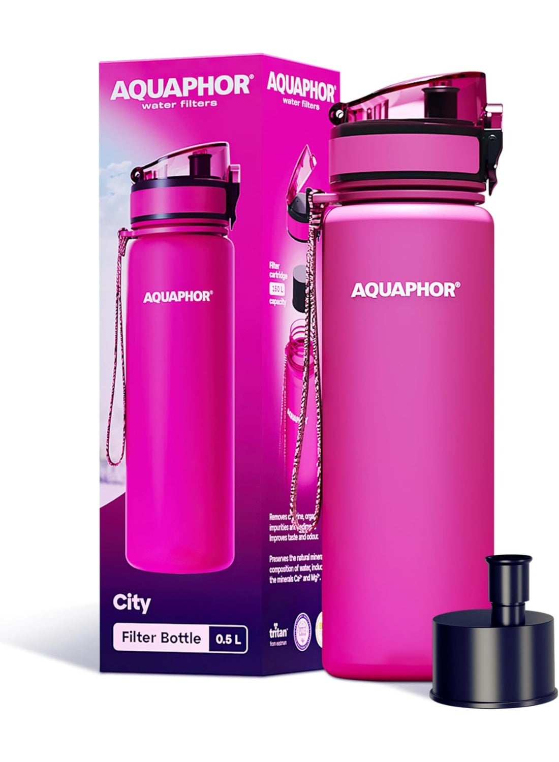 Water Filter Bottle 500ml, Portable Travel Water Purifier Bottle with Activated Carbon Filter, BPA-Free Tritan Material, Reduces Chlorine & Odor, Eco-Friendly Reusable Bottle For Daily Use (Pink)