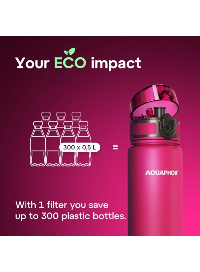 Aquaphor Water Filter Bottle 500ml, Portable Travel Water Purifier Bottle with Activated Carbon Filter, BPA-Free Tritan Material, Reduces Chlorine & Odor, Eco-Friendly Reusable Bottle For Daily Use (Pink) - Image 5