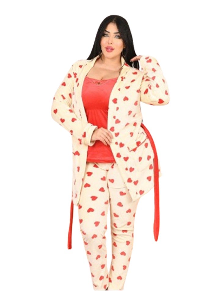 طقم بيجامة بنطلون مطبوع قلوب - ٣ قطع - اوف وايت - Image 2