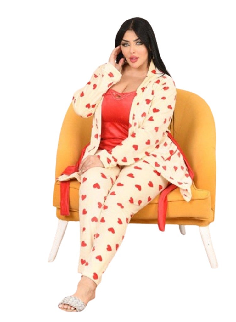 طقم بيجامة بنطلون مطبوع قلوب - ٣ قطع - اوف وايت - Image 3