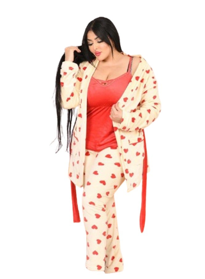 طقم بيجامة بنطلون مطبوع قلوب - ٣ قطع - اوف وايت - Image 4