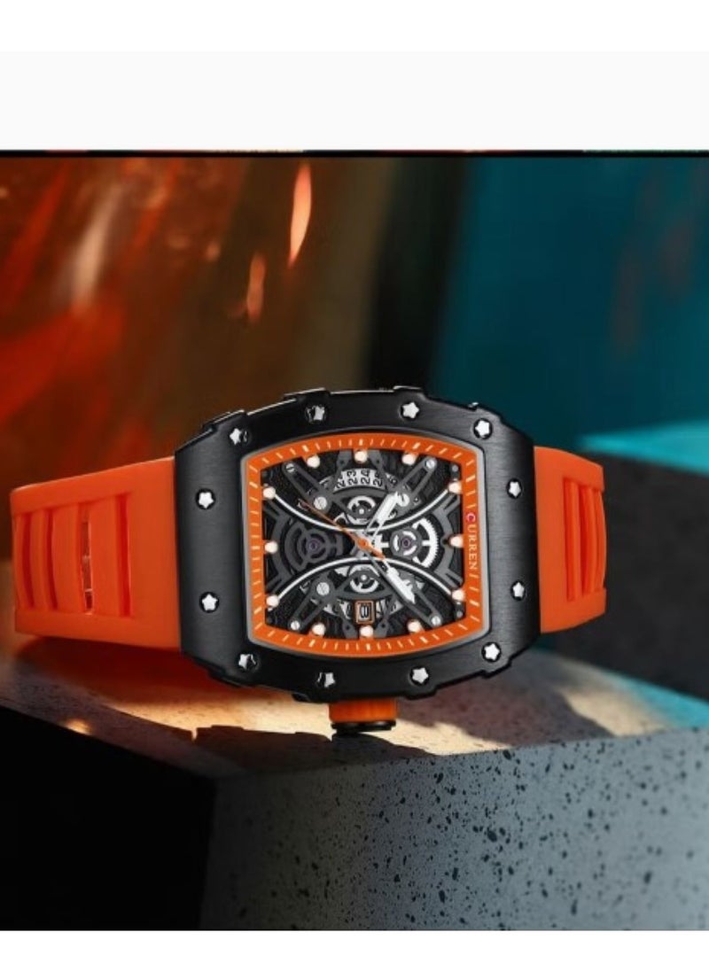 CURREN - CURREN New Square Luminous Watches for Men Sport Casual Silicone Bracelet Hollow Auto Date Dial Wristwatches 8438 Quartz Watch - Image 1