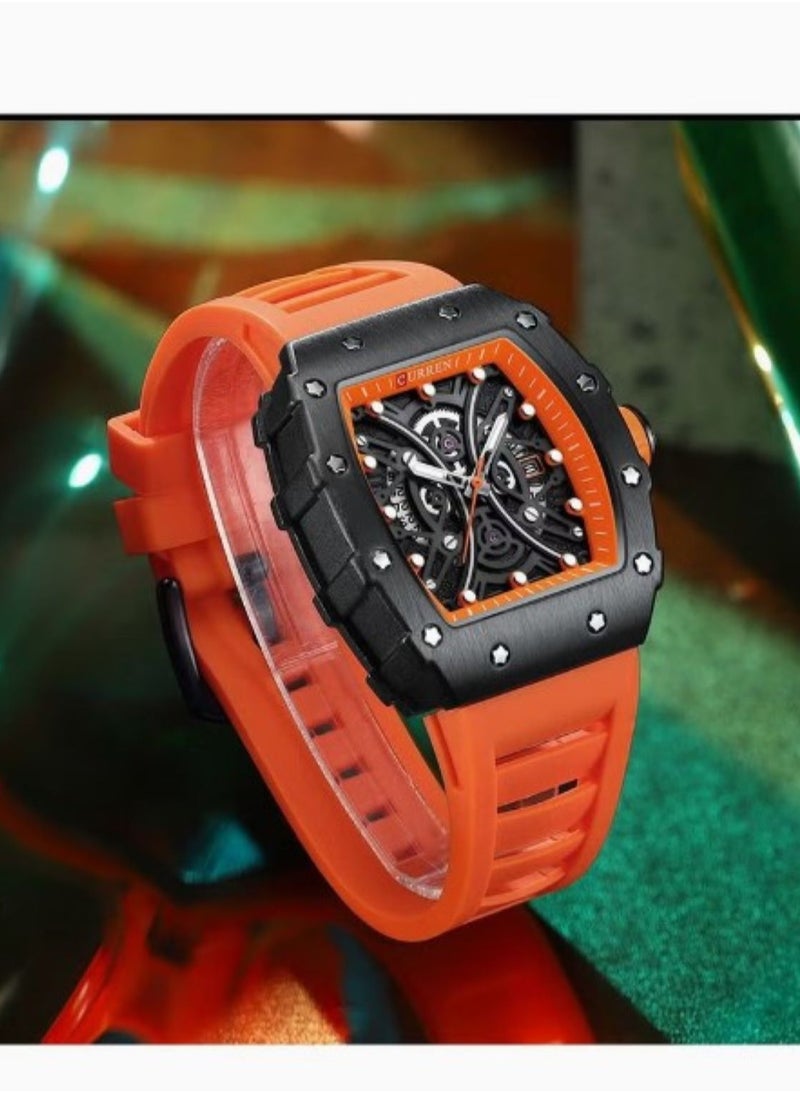 CURREN - CURREN New Square Luminous Watches for Men Sport Casual Silicone Bracelet Hollow Auto Date Dial Wristwatches 8438 Quartz Watch - Image 1