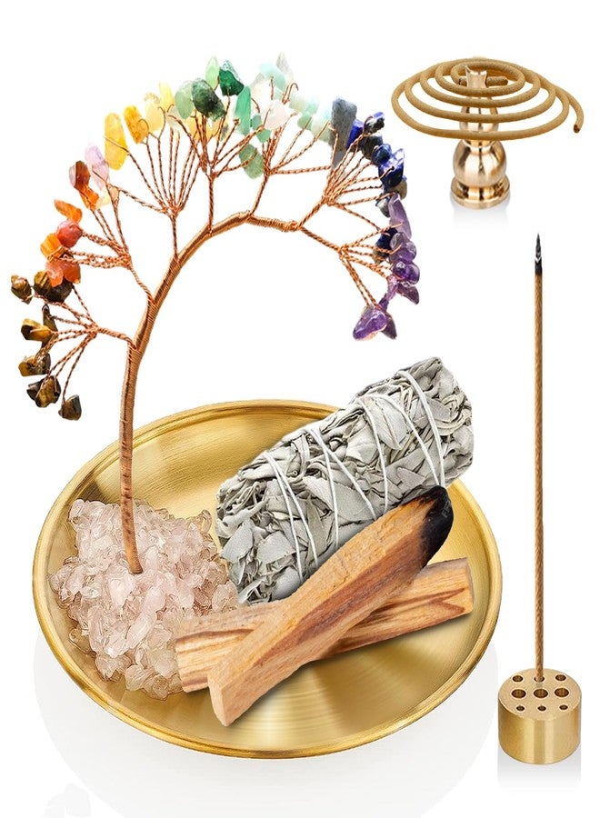 Iffitya Crystal Tree Palo Santo Holder, 7 Chakra Incense Holder, Brass Incense Holder 5.5 inches, 6 in 1 Ash Catcher for Incense Sticks/Coil Incense/Sage/Incense Cones Yoga Meditation Room Home Décor - Image 1