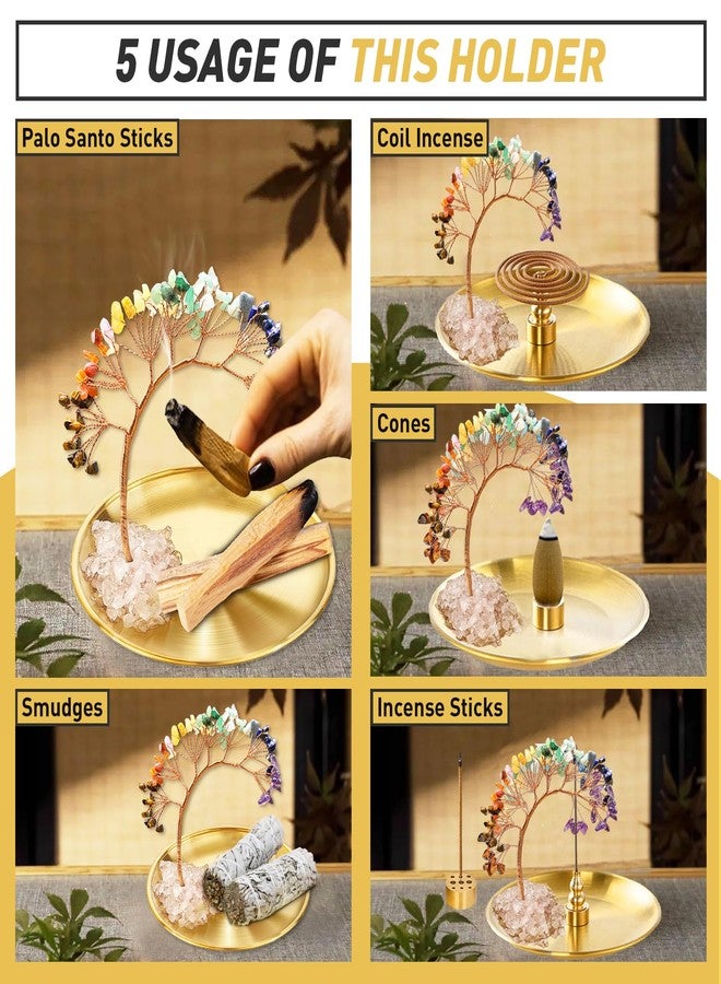 Iffitya Crystal Tree Palo Santo Holder, 7 Chakra Incense Holder, Brass Incense Holder 5.5 inches, 6 in 1 Ash Catcher for Incense Sticks/Coil Incense/Sage/Incense Cones Yoga Meditation Room Home Décor - Image 3