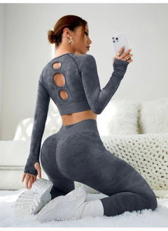 Cross-border Seamless Yoga Clothing Hollow-out Beautiful Back Long Sleeve Hip Yoga Pants Sports Suit Fitness Clothing Yoga Suit Women Grey